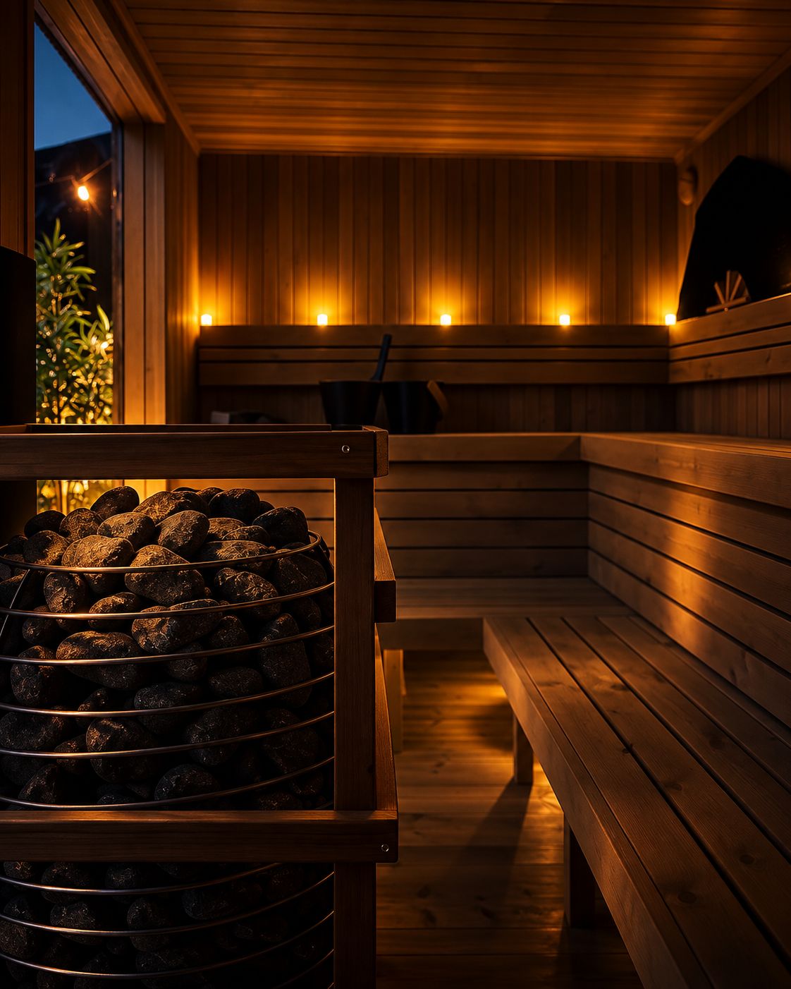 Inside the sauna: the stove, the benches and warm light on the wood
